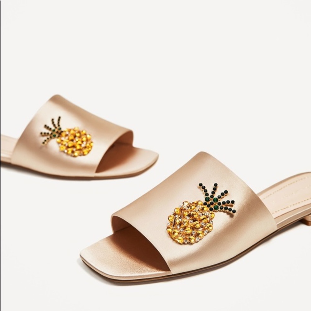 Zara bejeweled pineapple beige satin slides